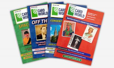 A selection of Card World magazine covers with green blue and red backgrounds.