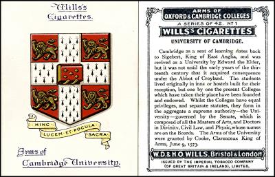 W675-147 : W62-113 : W/129 [tobacco : UK] W.D. & H.O. Wills "Arms of Oxford and Cambridge Colleges" large size (October 1922) 1/42