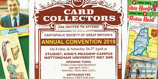 Details of the 2019 CSGB convention in the style of a cigarette card back.