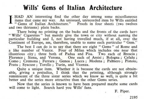 Write up of Wills Gems Italian Architecture