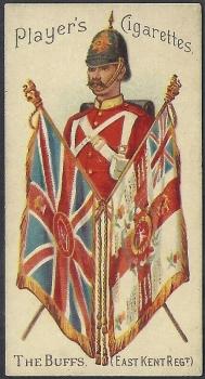 A Players cigarette card depicting a British redcoat soldier and regimental colours.