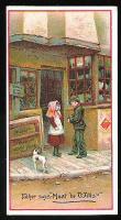 A cigarette card showing two figures outside of a shop.